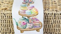 macaron cookies floral kitchen towels, pastel kitchen decor, garden party bridal shower gifts for bride, tea party hand towels for kitchen