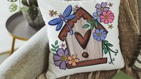 cute birdhouse floral throw pillow covers 18x18, bird lover gifts, Spring decor for home, bluebird kitchen towels for gifts, gardener gift
