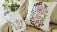 cowgirl coquette throw pillows for bed light pink western nursery decor girl, country girl kitchen towels for friends, cute Christmas gifts