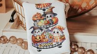 spooky cute ghost Halloween kitchen towels, whimsical fall host gift, boo basket stuffers for adults, not so scary Halloween fall style gift