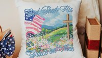 God shed His grace on thee throw pillows for porch swing, Christian 4th of July kitchen towels, America the Beautiful patriotic gifts for