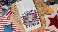 bald eagle freedom tour throw pillows for porch, Americana decor with pink floral 4th of July kitchen towels, patriotic gifts for women