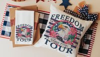 bald eagle freedom tour throw pillows for porch, Americana decor with pink floral 4th of July kitchen towels, patriotic gifts for women