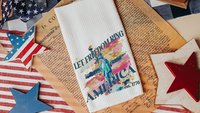 let freedom ring throw pillows for porch swing, Americana decor with pink 4th of July kitchen towels, military mom gifts, America est 1776