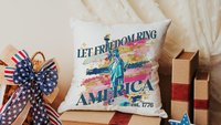 let freedom ring throw pillows for porch swing, Americana decor with pink 4th of July kitchen towels, military mom gifts, America est 1776