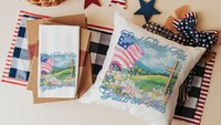 God shed His grace on thee throw pillows for porch swing, Christian 4th of July kitchen towels, America the Beautiful patriotic gifts for