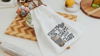 running on coffee and chaos funny kitchen towels for women, coffee lover gift for girlfriend, coffee bar accessories, coffee kitchen decor