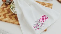 love like Jesus whimsical Christian kitchen towels, cute Christian gifts for sisters, pink checkered floral kitchen decor, faith kitchen