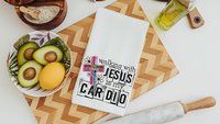Walking with Jesus is my cardio kitchen towels for bridal shower, Christian kitchen finds, faith gifts for her, kitchen decor