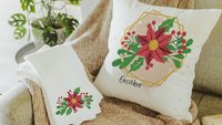 holly and berry Christmas throw pillows for sofa, December birth flower gift for her, December birthday gifts for women, red poinsettia hand