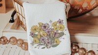 yellow primrose hand towels for cabin, February birth flower gift for friend birthday gifts for her, violet flower kitchen towels cottage