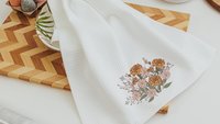 marigold flower kitchen towels, fall host gift, October birthday gifts for her, blush pink cosmos flower hand towels, fall style gift, guest
