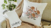 blush pink cosmos & orange marigold throw pillow for bed, October birthday kitchen towels, October birth month flower gifts for her, best