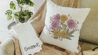 yellow mums flower throw pillow for bed, November birthday kitchen towels, November birth month flower gifts for her, purple chrysanthemum