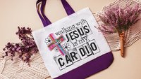 walking with Jesus Christian tote bags for women, religious Christmas gifts for godmother, walking with the Lord is my cardio faith based