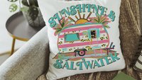 sunshine and saltwater summer throw pillow boho camper decor for RV life essentials gift, hippie kitchen towels for sister, beach house gift