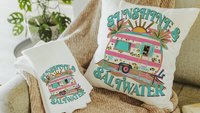 sunshine and saltwater summer throw pillow boho camper decor for RV life essentials gift, hippie kitchen towels for sister, beach house gift