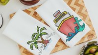 vacay vibes cute kitchen towels for beach, summer kitchen decor, destination wedding gift for couple, vacation home decor, coastal bathroom
