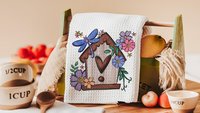 cute birdhouse floral throw pillow covers 18x18, bird lover gifts, Spring decor for home, bluebird kitchen towels for gifts, gardener gift