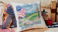 God shed His grace on thee throw pillows for porch swing, Christian 4th of July kitchen towels, America the Beautiful patriotic gifts for