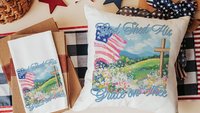 God shed His grace on thee throw pillows for porch swing, Christian 4th of July kitchen towels, America the Beautiful patriotic gifts for