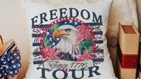 bald eagle freedom tour throw pillows for porch, Americana decor with pink floral 4th of July kitchen towels, patriotic gifts for women