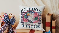 bald eagle freedom tour throw pillows for porch, Americana decor with pink floral 4th of July kitchen towels, patriotic gifts for women