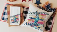 let freedom ring throw pillows for porch swing, Americana decor with pink 4th of July kitchen towels, military mom gifts, America est 1776