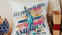 let freedom ring throw pillows for porch swing, Americana decor with pink 4th of July kitchen towels, military mom gifts, America est 1776