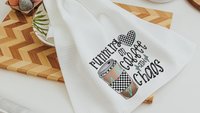 running on coffee and chaos funny kitchen towels for women, coffee lover gift for girlfriend, coffee bar accessories, coffee kitchen decor