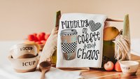 running on coffee and chaos funny kitchen towels for women, coffee lover gift for girlfriend, coffee bar accessories, coffee kitchen decor
