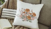 blush pink cosmos & orange marigold throw pillow for bed, October birthday kitchen towels, October birth month flower gifts for her, best