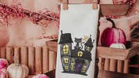 haunted house spooky cute Halloween kitchen towels, whimsigoth decor, whimsical Halloween gift set for women, black cat Halloween decor for