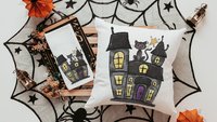 haunted house spooky cute Halloween throw pillows for sectional, whimsigoth decor, whimsical Halloween gift set for women, witchy gifts for