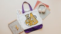 personalized white and gold cheer tote bag for girls, cheer gifts for seniors, gold checkered initial tote bag for teen girls back to school