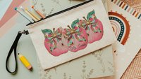 personalized watercolor apple for teacher wristlet with name, cute teacher gifts for women, leopard print coquette bow makeup bag for purse