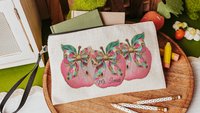 personalized watercolor apple for teacher wristlet with name, cute teacher gifts for women, leopard print coquette bow makeup bag for purse