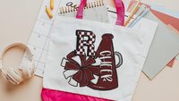 personalized white and maroon cheer tote bag for school, cheer gifts for girls, maroon checkered initial tote bag for teen girls, cheer mom