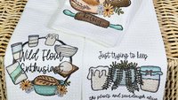 personalized made with love baking kitchen towels for bridal shower, wild flour enthusiast sourdough kitchen decor, baker gifts for her