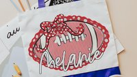 personalized seersucker football tote bag for school, maroon school spirit bag with name, senior gifts for cheerleaders, football cheer mom