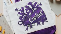 personalized 2026 cheer tote bag with name, blue school spirit cheer squad gifts, travel cheer bag for girls, cheerleader gifts from coach