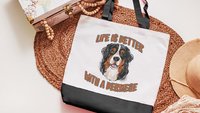life is better with a dog bernese mountain dog tote bag for dog lover, bernese dog mom dog walking bag for women, cute dog gifts beach bag