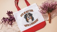 life is better with a dog bernese mountain dog tote bag for dog lover, bernese dog mom dog walking bag for women, cute dog gifts beach bag
