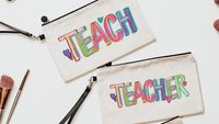 colorful teach pencil pouch cute teacher wristlet bag with strap, kindergarten teacher gifts from coworkers, school supplies, preschool