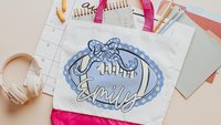 personalized seersucker football tote bag for school, maroon school spirit bag with name, senior gifts for cheerleaders, football cheer mom