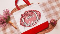 personalized seersucker football tote bag with name, football cheer gifts for girls, royal blue school spirit accessories, Christmas gifts