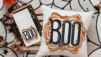 boo Halloween throw pillows for chair, boo basket gifts for her, cute spider Halloween kitchen towels, spooky season gifts, fall host gift