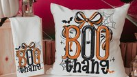 boo thang funny Halloween throw pillows for chair, boo basket stuffers for adults, Halloween coquette kitchen towels, spooky season gifts