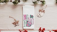 ho ho ho turquoise Christmas throw pillow covers 18x18, bright pink Christmas kitchen towels, girly Christmas gifts for adult daughter, best