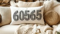 personalized black and white grunge harlequin pillow for dorm, custom zip code lumbar pillow home decor, girly gothic gifts for home, moving